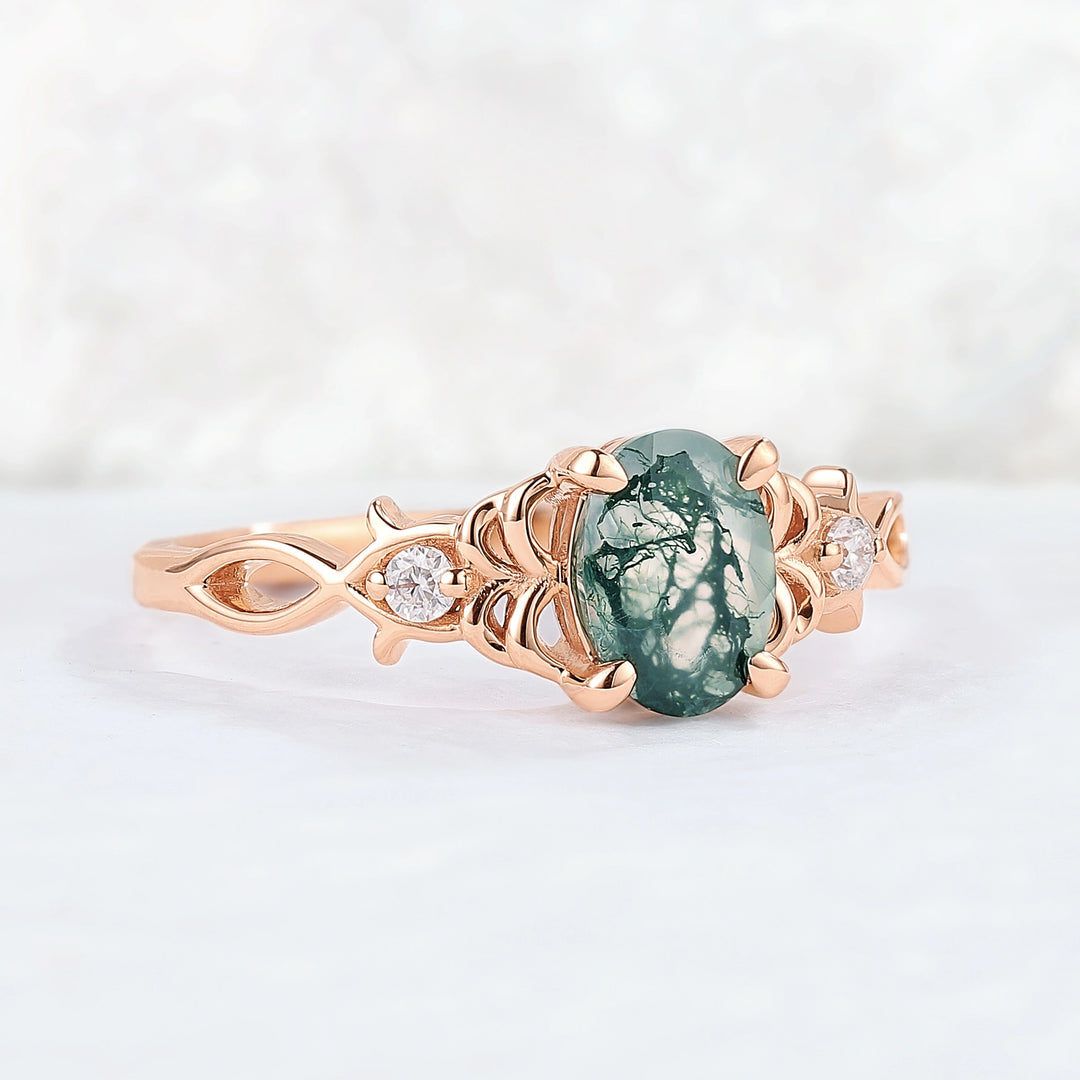 Nature Oval Cut Moss Agate Twig Gemstone Ring