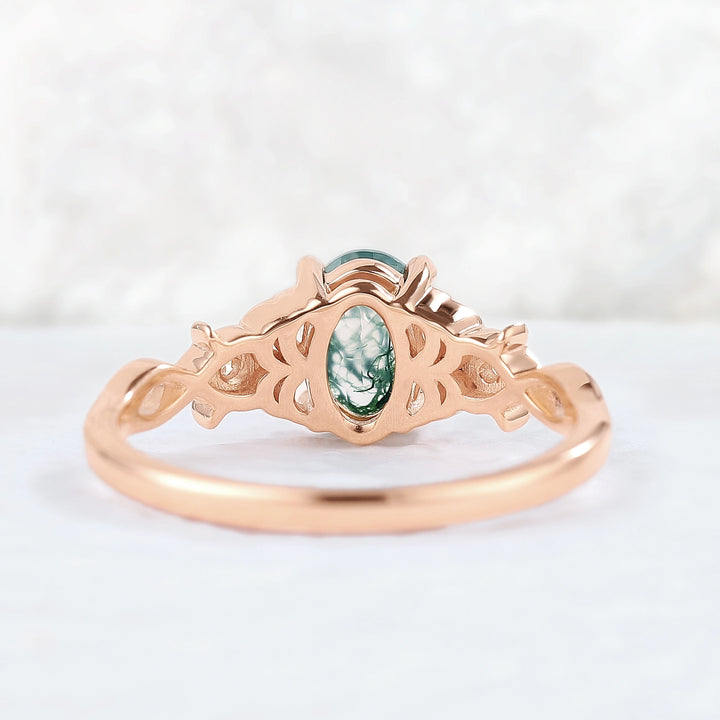Nature Oval Cut Moss Agate Twig Gemstone Ring
