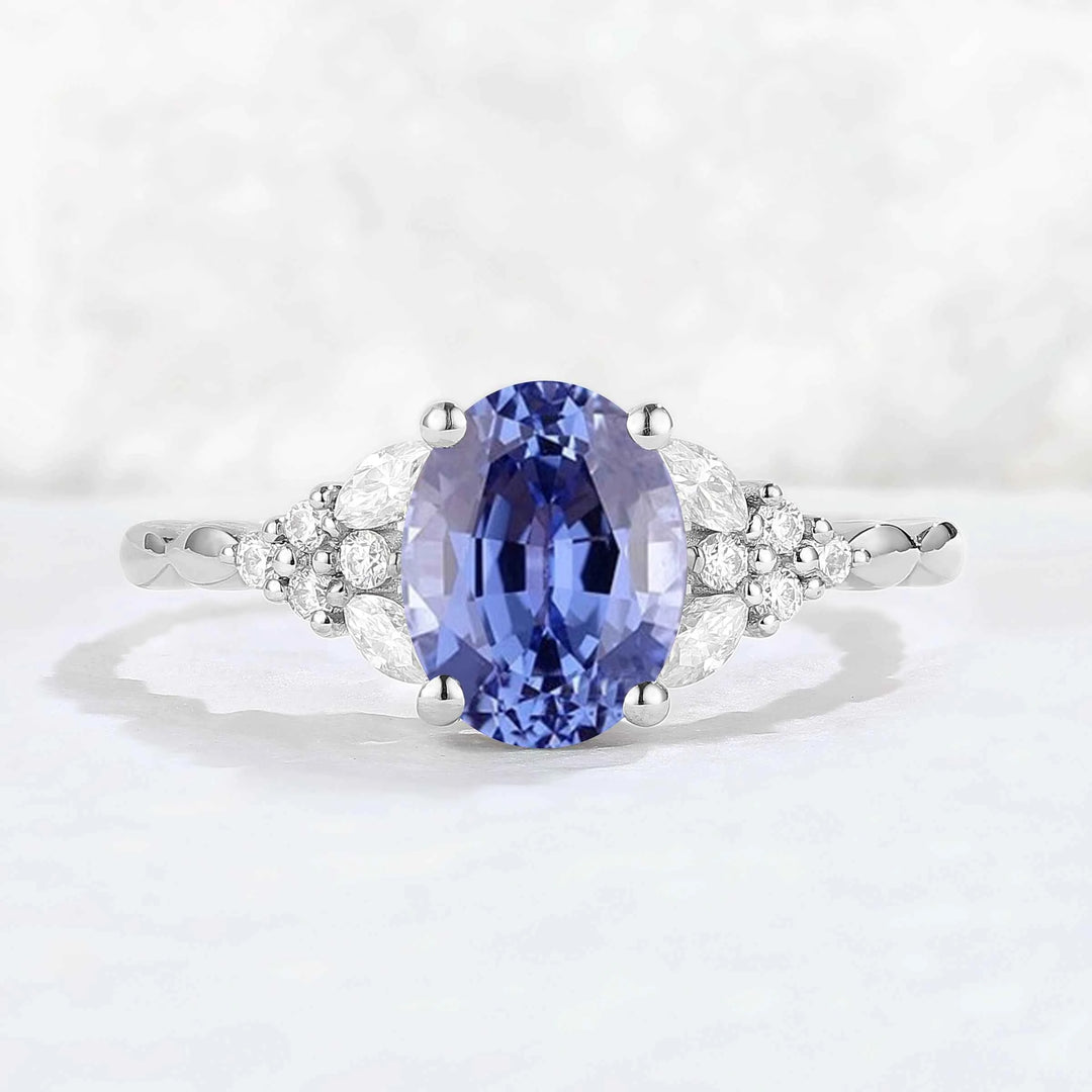 Cluster Oval Shaped Cornflower Sapphire  Gemstone Ring