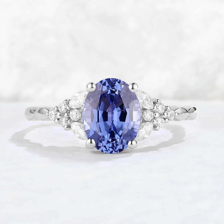 Cluster Oval Shaped Cornflower Sapphire  Gemstone Ring