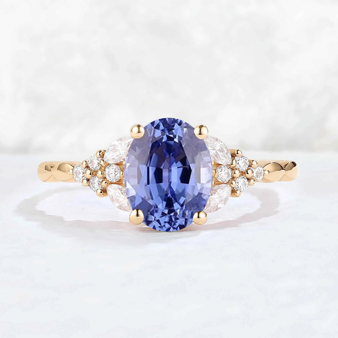 Cluster Oval Shaped Cornflower Sapphire  Gemstone Ring