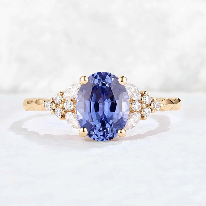 Cluster Oval Shaped Cornflower Sapphire  Gemstone Ring