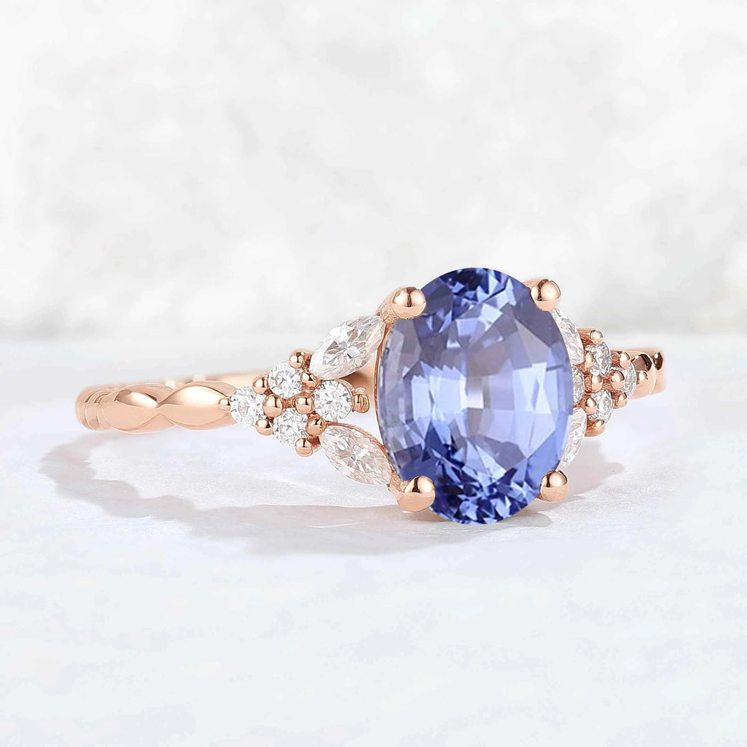 Cluster Oval Shaped Cornflower Sapphire  Gemstone Ring