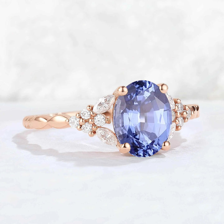 Cluster Oval Shaped Cornflower Sapphire  Gemstone Ring