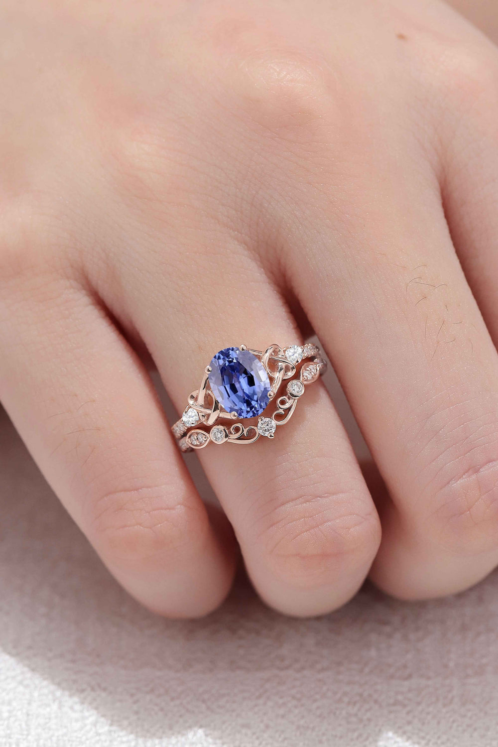 Nature Oval Cut Cornflower Sapphire Vine Gemstone Ring Set 2pcs