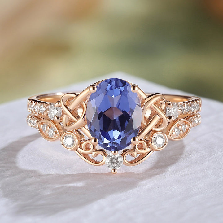 Nature Oval Shaped Cornflower Sapphire Vine Engagement Ring Set 2pcs