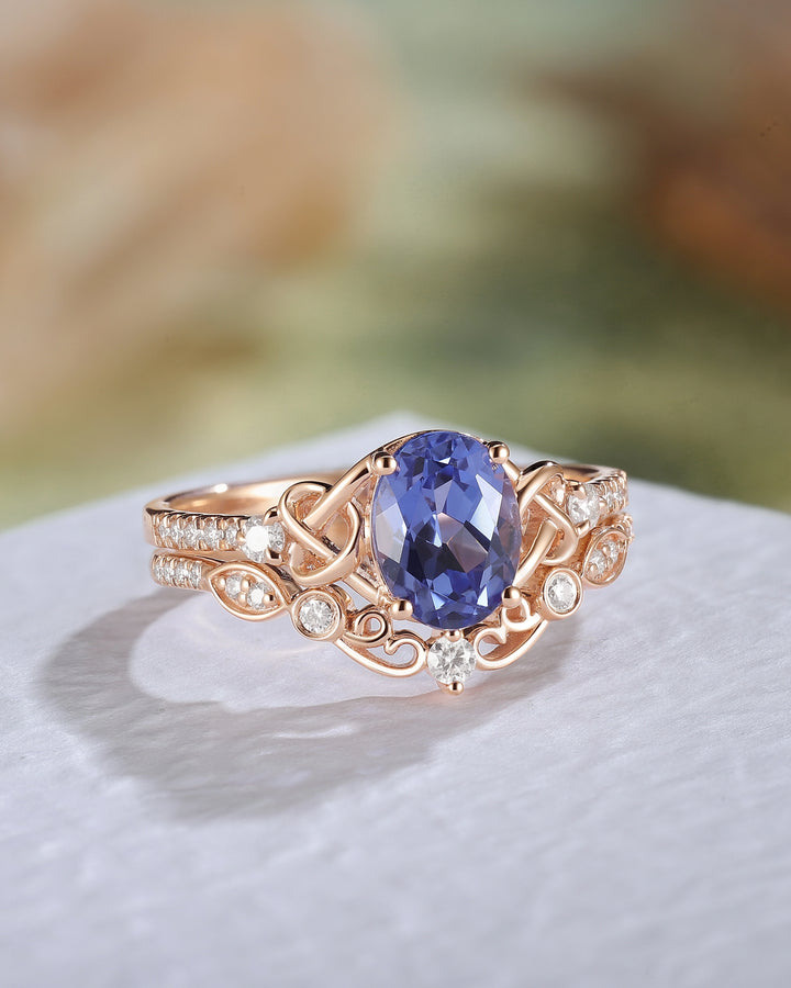 Nature Oval Shaped Cornflower Sapphire Vine Engagement Ring Set 2pcs