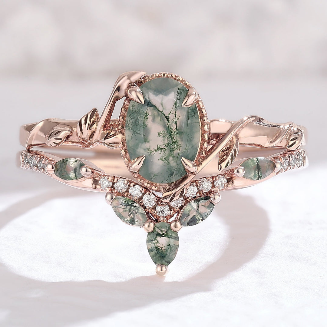 Nature Oval Shaped Moss Agate Leaf Engagement Ring Set 2pcs