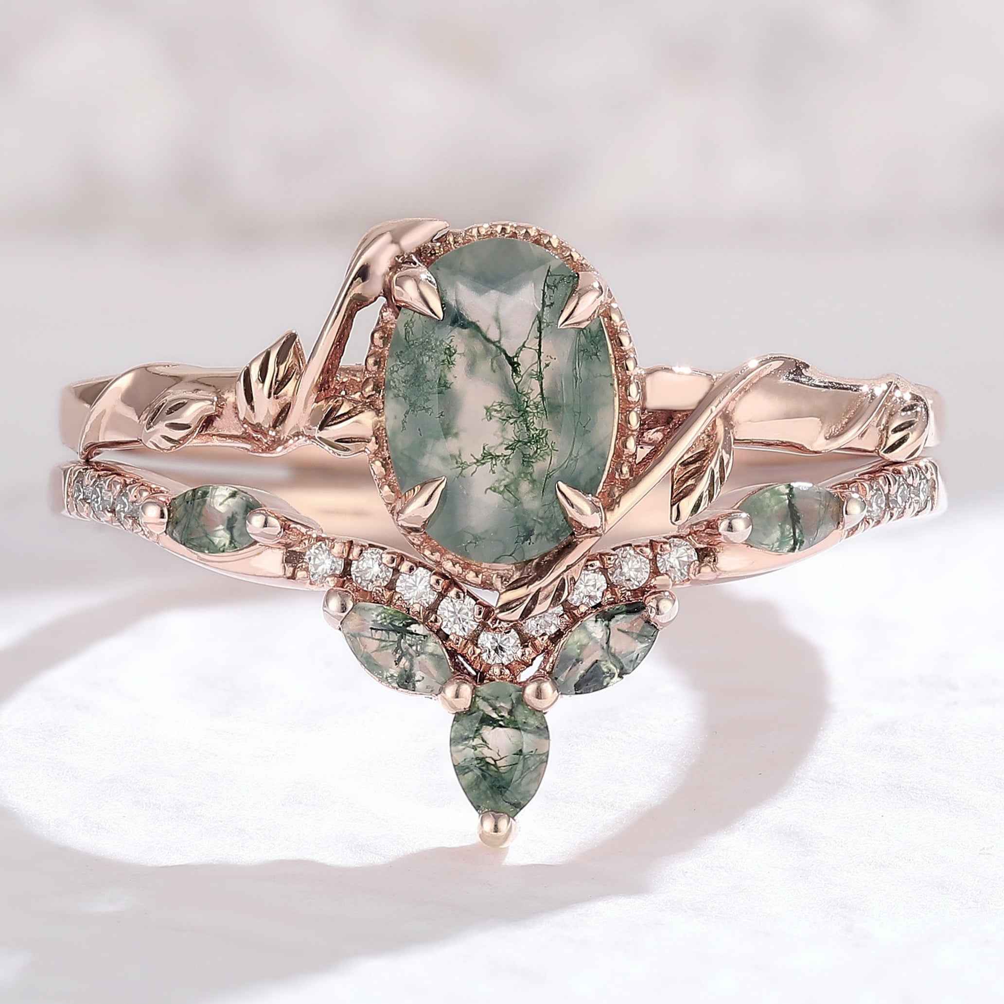 Nature Oval Shaped Moss Agate Leaf Engagement Ring Set 2pcs