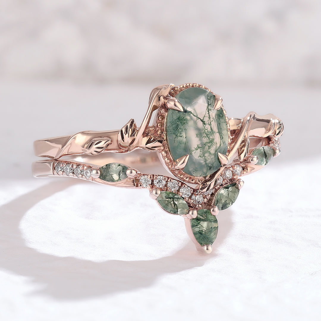 Nature Oval Shaped Moss Agate Leaf Engagement Ring Set 2pcs