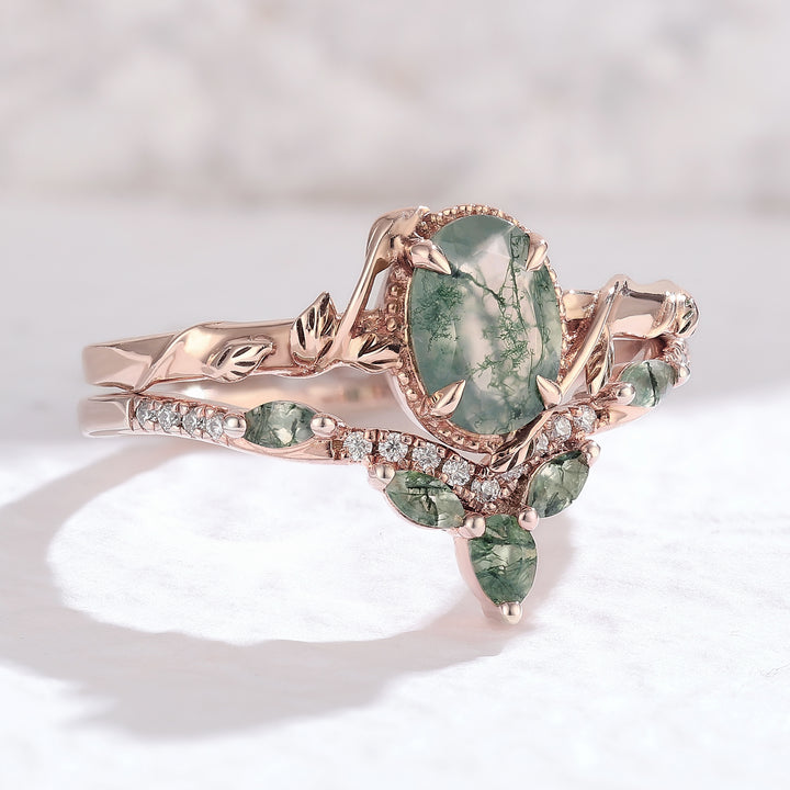 Nature Oval Shaped Moss Agate Leaf Engagement Ring Set 2pcs