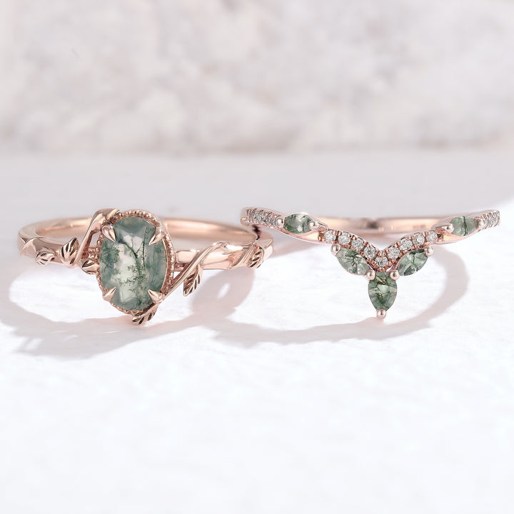 Nature Oval Shaped Moss Agate Leaf Engagement Ring Set 2pcs