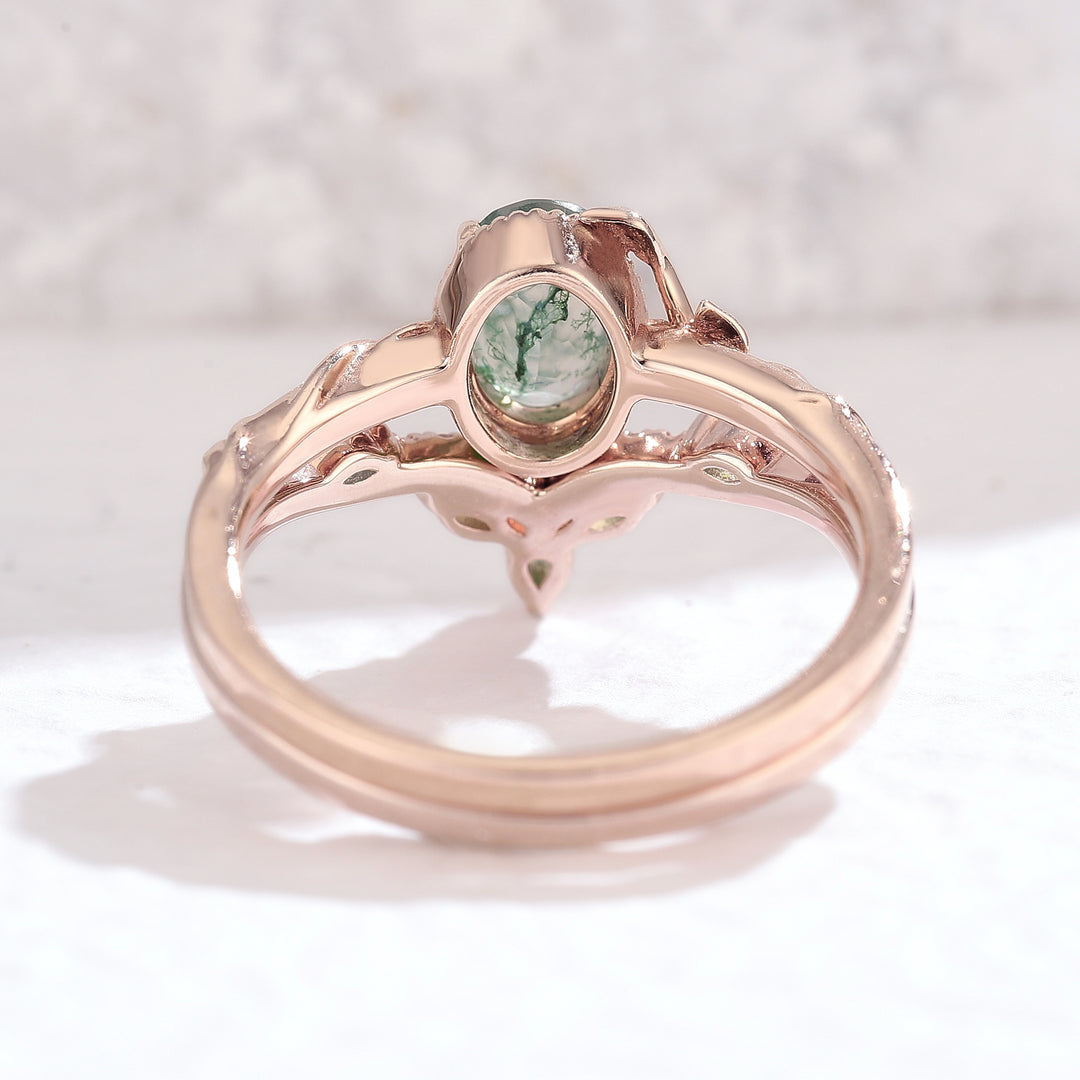 Nature Oval Shaped Moss Agate Leaf Engagement Ring Set 2pcs