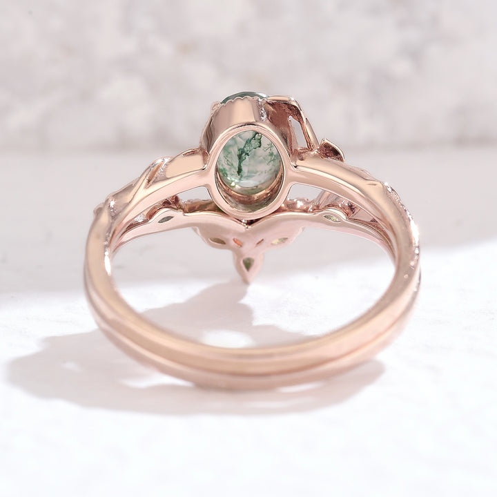 Nature Oval Shaped Moss Agate Leaf Engagement Ring Set 2pcs