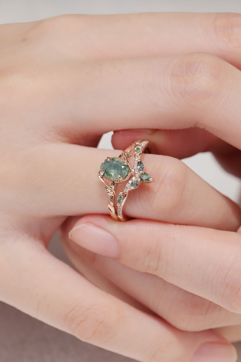 Nature Oval Shaped Moss Agate Leaf Engagement Ring Set 2pcs