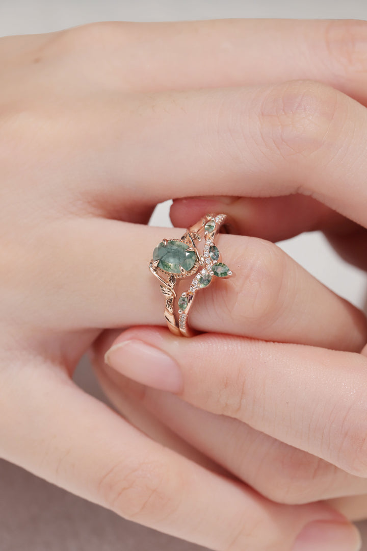 Nature Oval Shaped Moss Agate Leaf Engagement Ring Set 2pcs