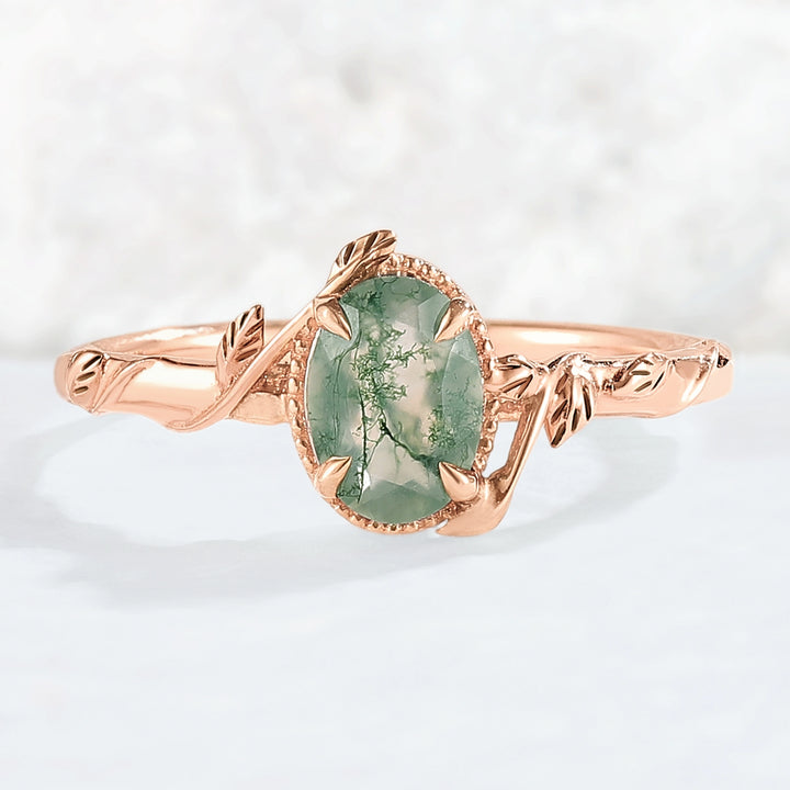 Nature Oval Shaped Moss Agate Leaf Gemstone Ring