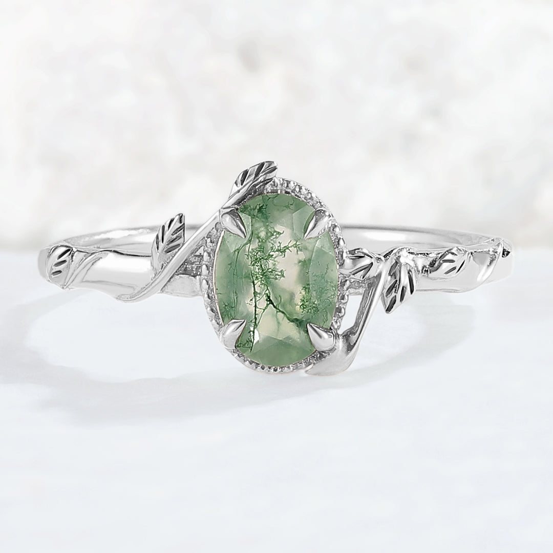 Nature Oval Shaped Moss Agate Leaf Gemstone Ring