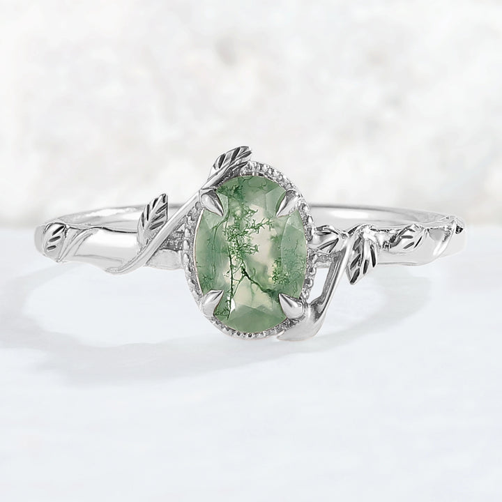 Nature Oval Shaped Moss Agate Leaf Gemstone Ring