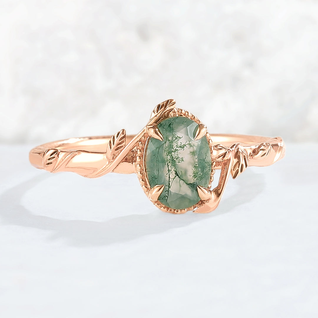 Nature Oval Shaped Moss Agate Leaf Gemstone Ring