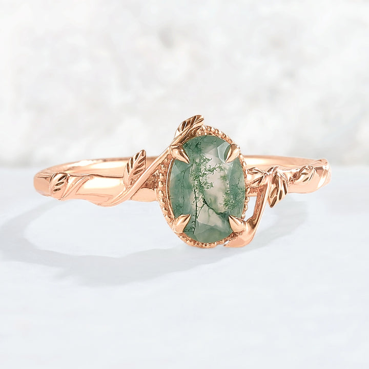 Nature Oval Shaped Moss Agate Leaf Gemstone Ring