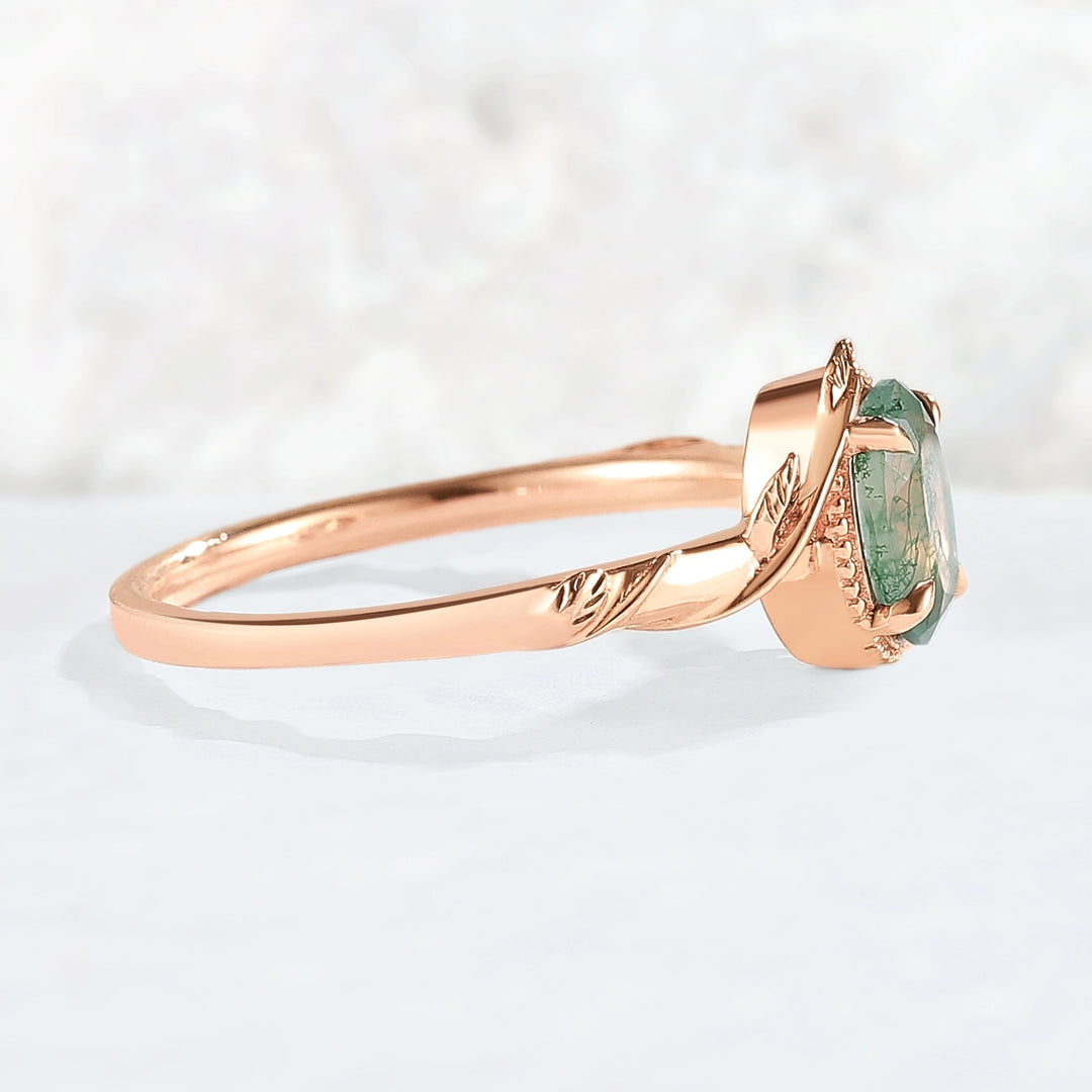 Nature Oval Shaped Moss Agate Leaf Gemstone Ring