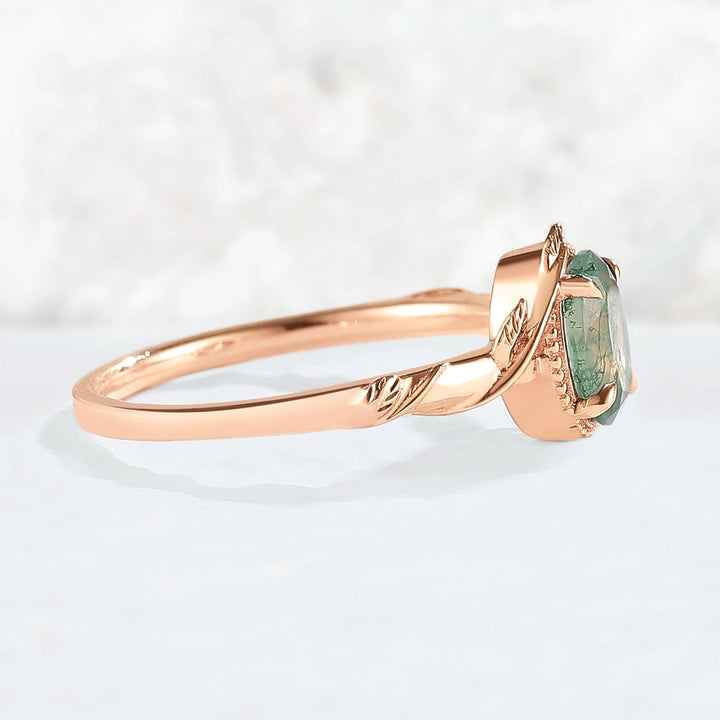 Nature Oval Shaped Moss Agate Leaf Gemstone Ring
