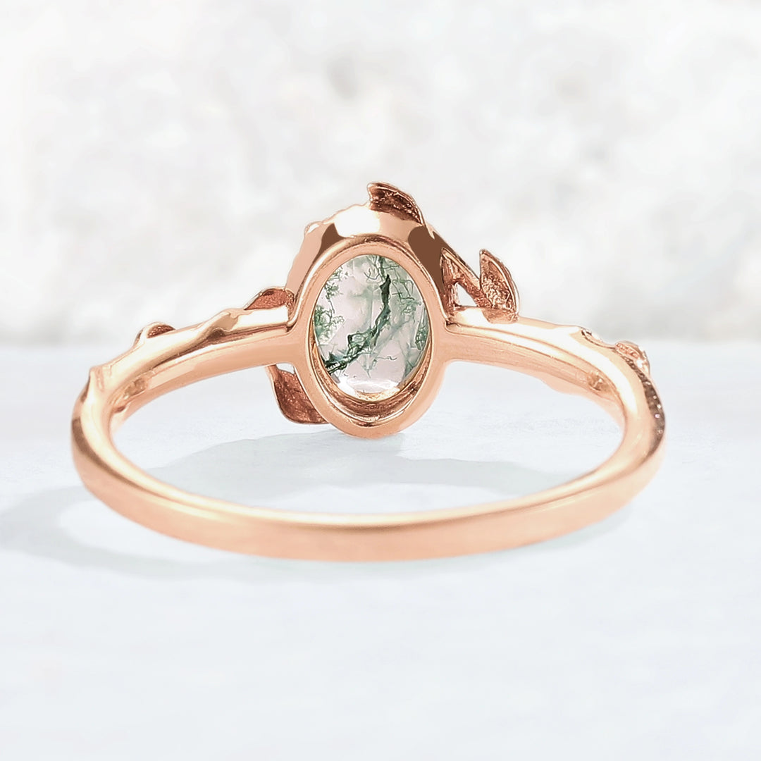Nature Oval Shaped Moss Agate Leaf Gemstone Ring