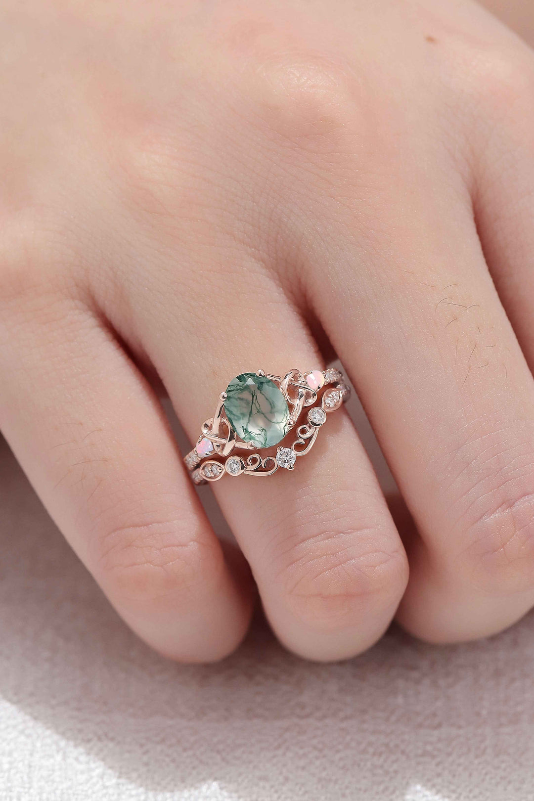 Nature Oval Shaped Moss Agate Vine Gemstone Ring Set 2pcs