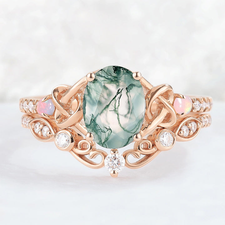 Nature Oval Shaped Moss Agate Vine Gemstone Ring Set 2pcs