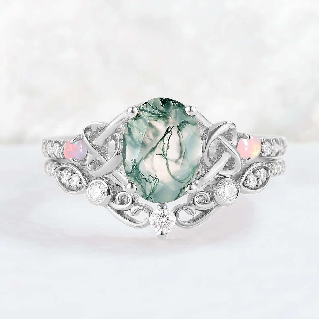 Nature Oval Shaped Moss Agate Vine Gemstone Ring Set 2pcs