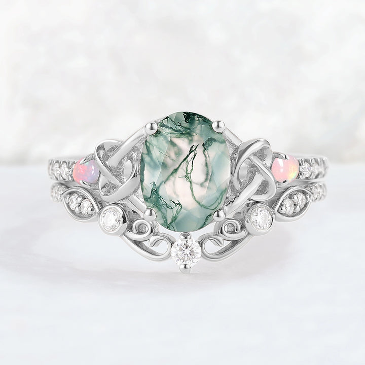 Nature Oval Shaped Moss Agate Vine Gemstone Ring Set 2pcs