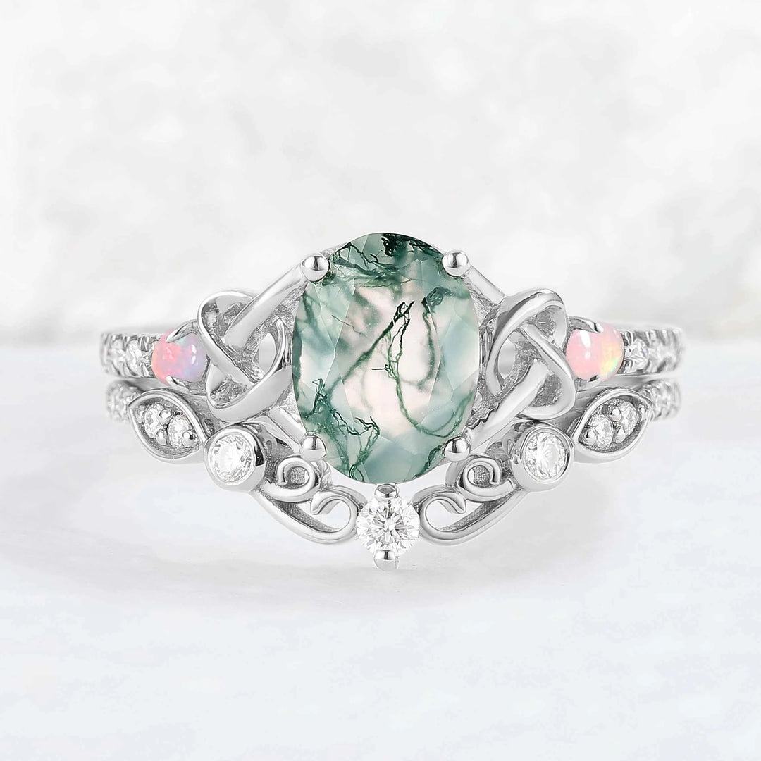 Nature Inspired Oval Cut Moss Agate Silver Engagement Ring Set 2pcs
