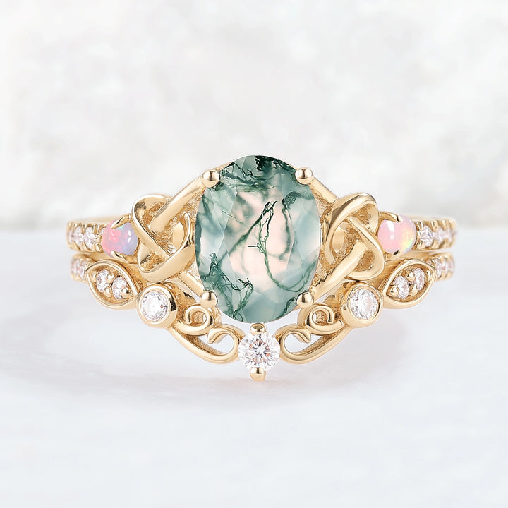 Nature Oval Shaped Moss Agate Vine Gemstone Ring Set 2pcs