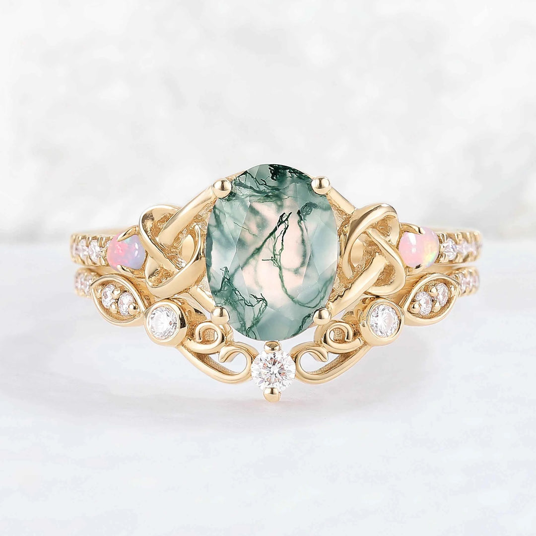 Nature Inspired Oval Cut Moss Agate Silver Engagement Ring Set 2pcs