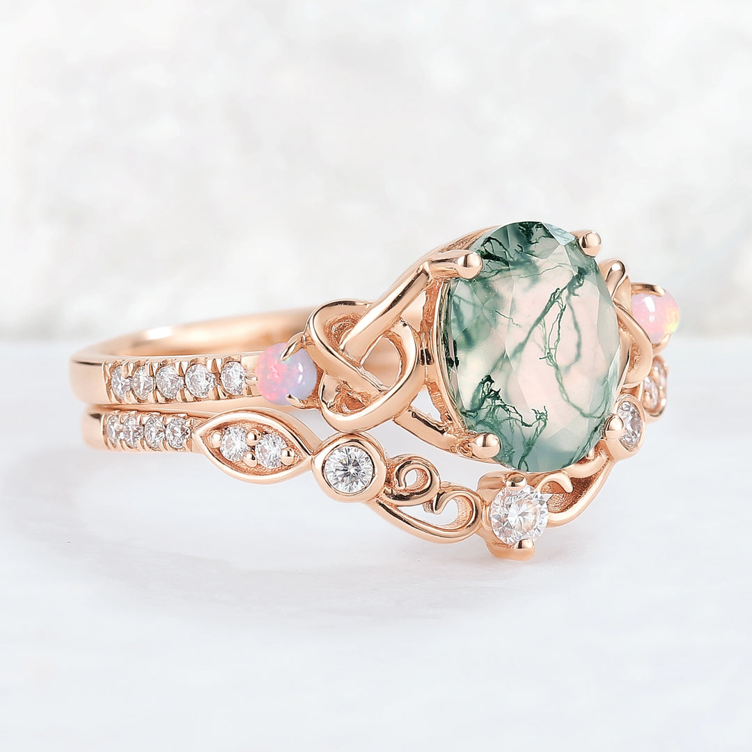 Nature Oval Shaped Moss Agate Vine Gemstone Ring Set 2pcs