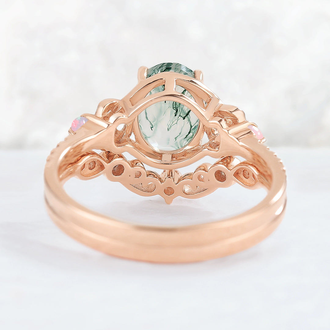 Nature Oval Shaped Moss Agate Vine Gemstone Ring Set 2pcs