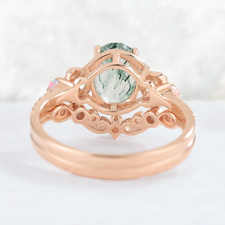 Nature Oval Shaped Moss Agate Vine Gemstone Ring Set 2pcs