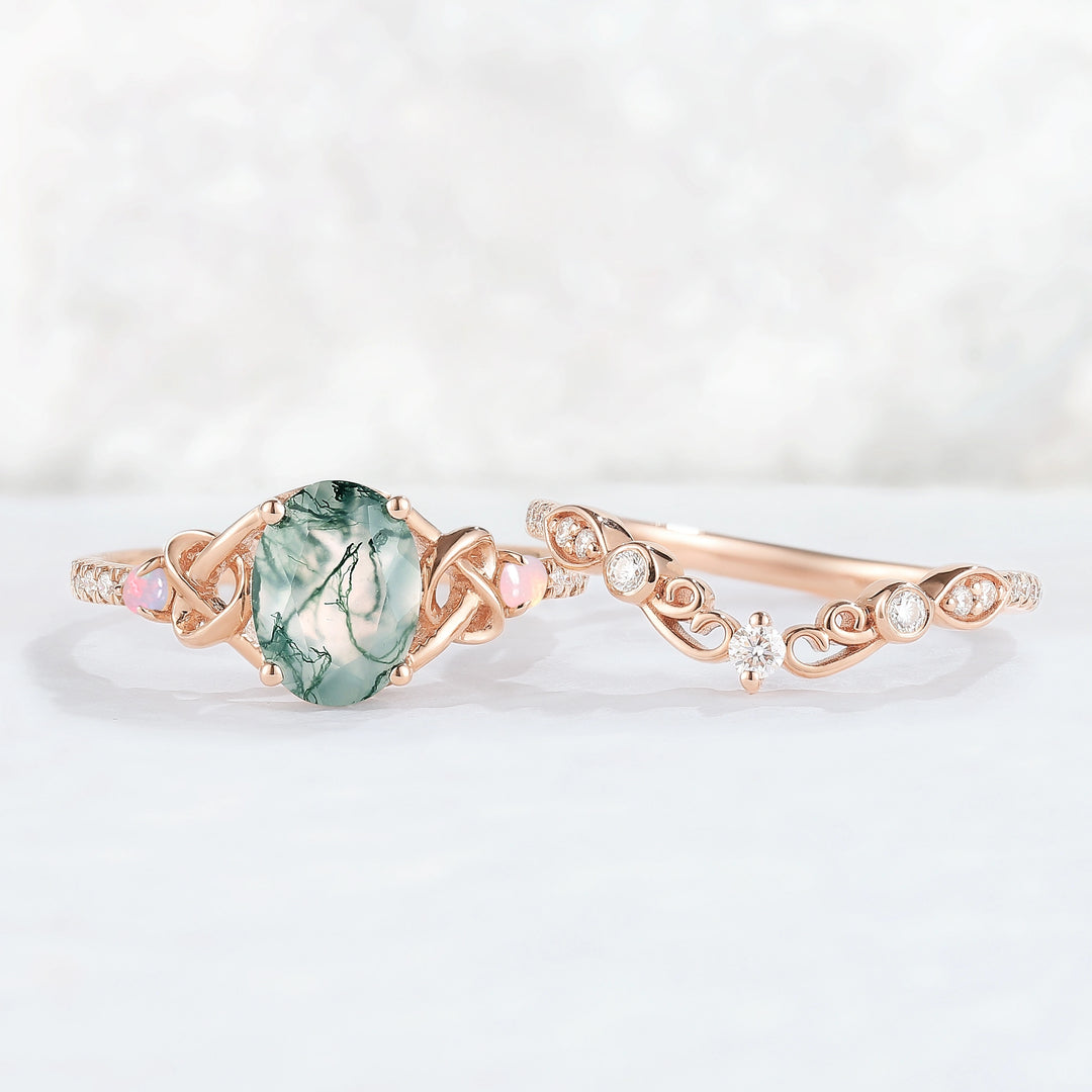 Nature Oval Shaped Moss Agate Vine Gemstone Ring Set 2pcs