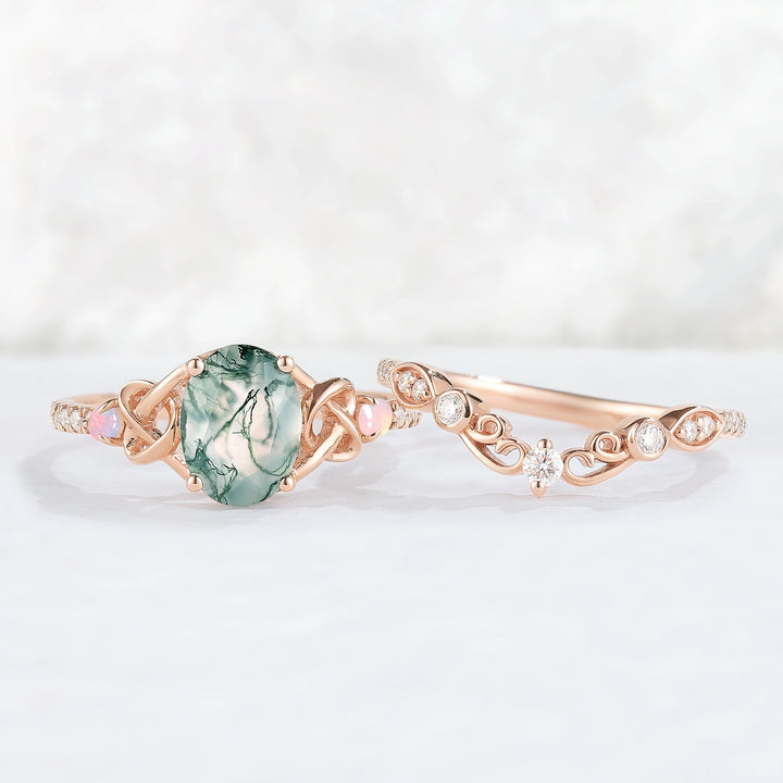 Nature Oval Shaped Moss Agate Vine Gemstone Ring Set 2pcs