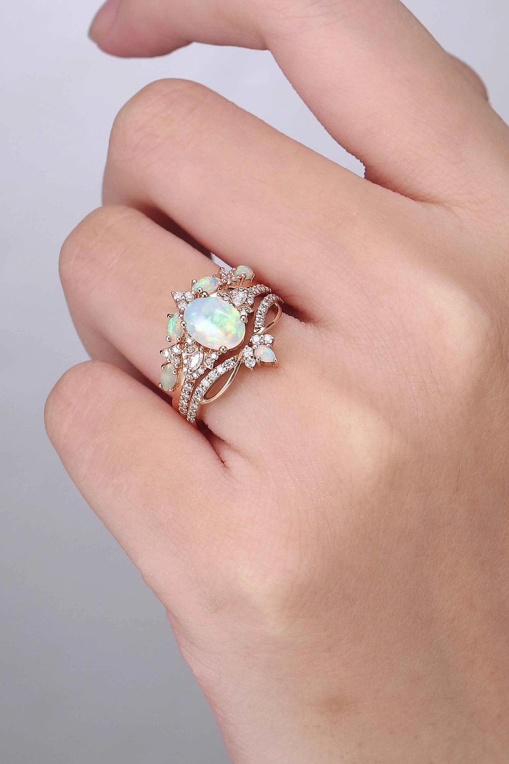 Nature Oval Shaped Natural Opal Vine Gemstone Ring Set 3pcs