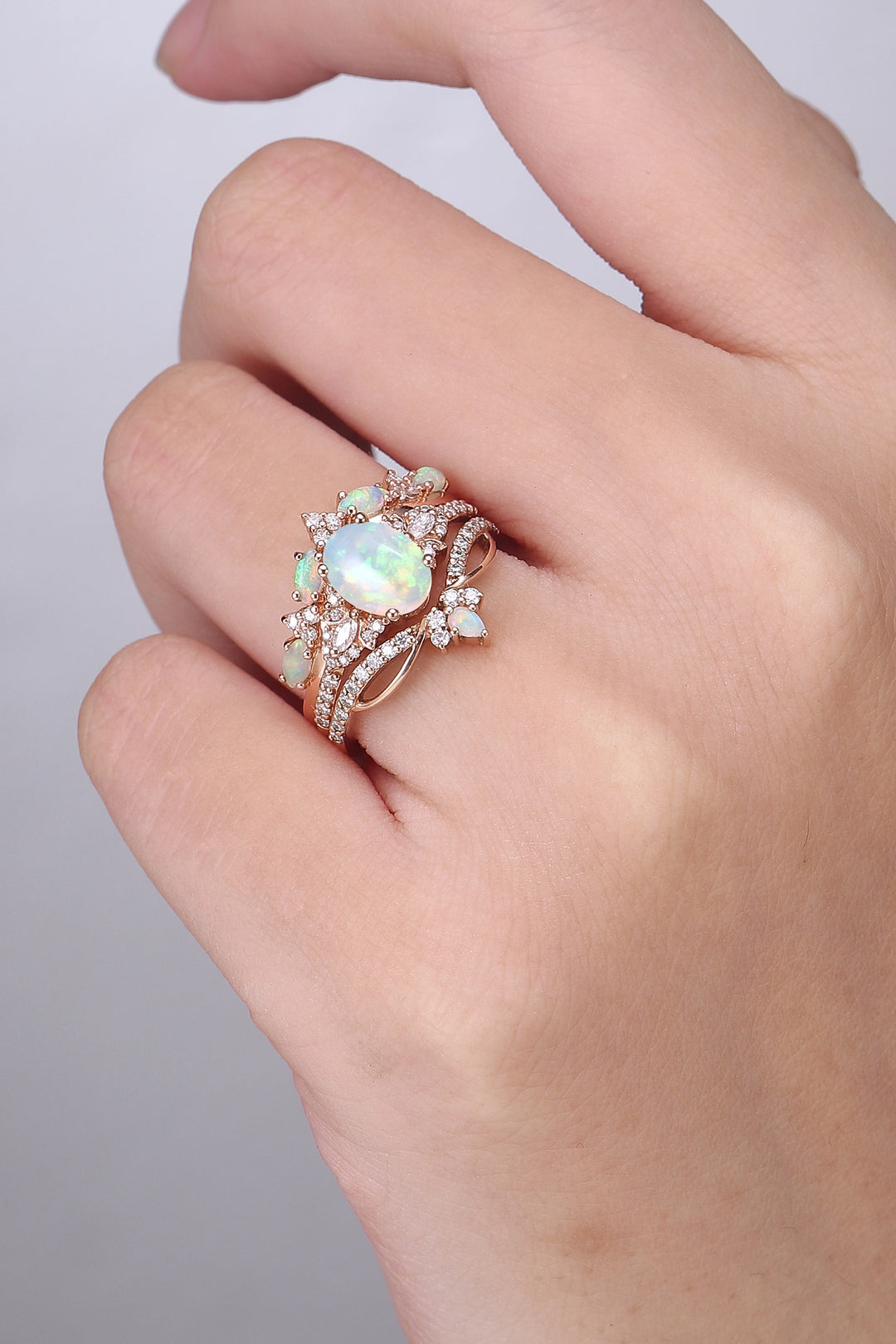 Nature Oval Shaped Natural Opal Vine Gemstone Ring Set 3pcs