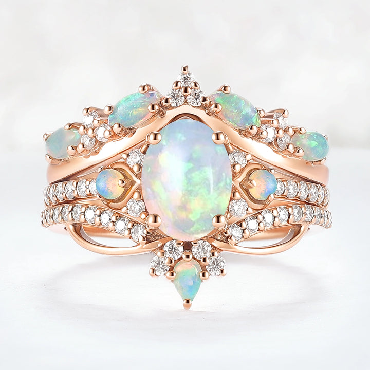 Nature Oval Shaped Natural Opal Vine Gemstone Ring Set 3pcs