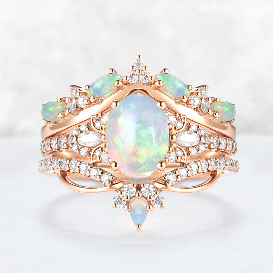 Nature Oval Shaped Natural Opal Vine Gemstone Ring Set 3pcs