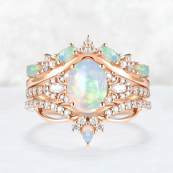 Nature Oval Shaped Natural Opal Vine Gemstone Ring Set 3pcs