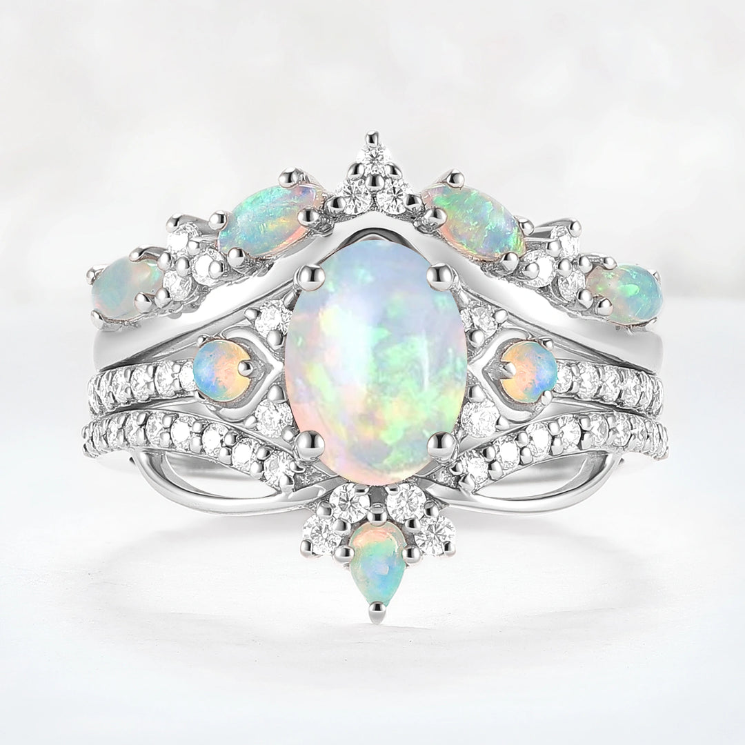 Nature Oval Shaped Natural Opal Vine Gemstone Ring Set 3pcs