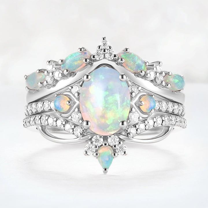 Nature Oval Shaped Natural Opal Vine Gemstone Ring Set 3pcs