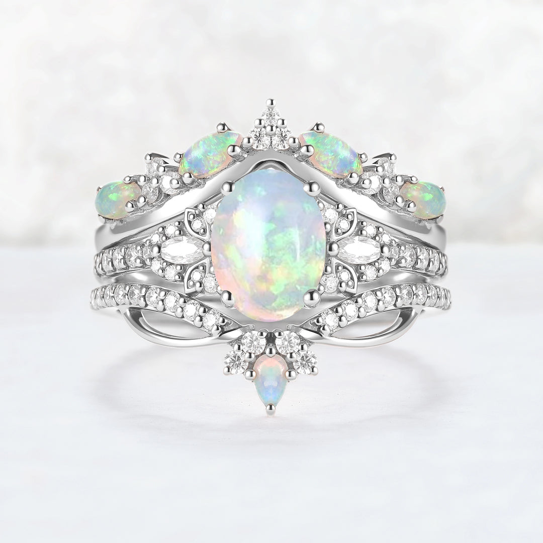 Nature Oval Shaped Natural Opal Vine Gemstone Ring Set 3pcs