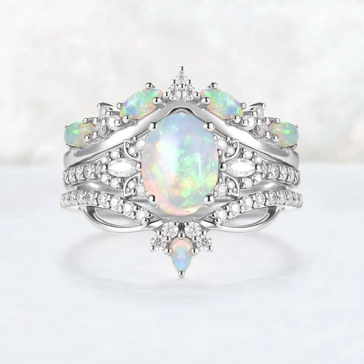 Nature Oval Shaped Natural Opal Vine Gemstone Ring Set 3pcs