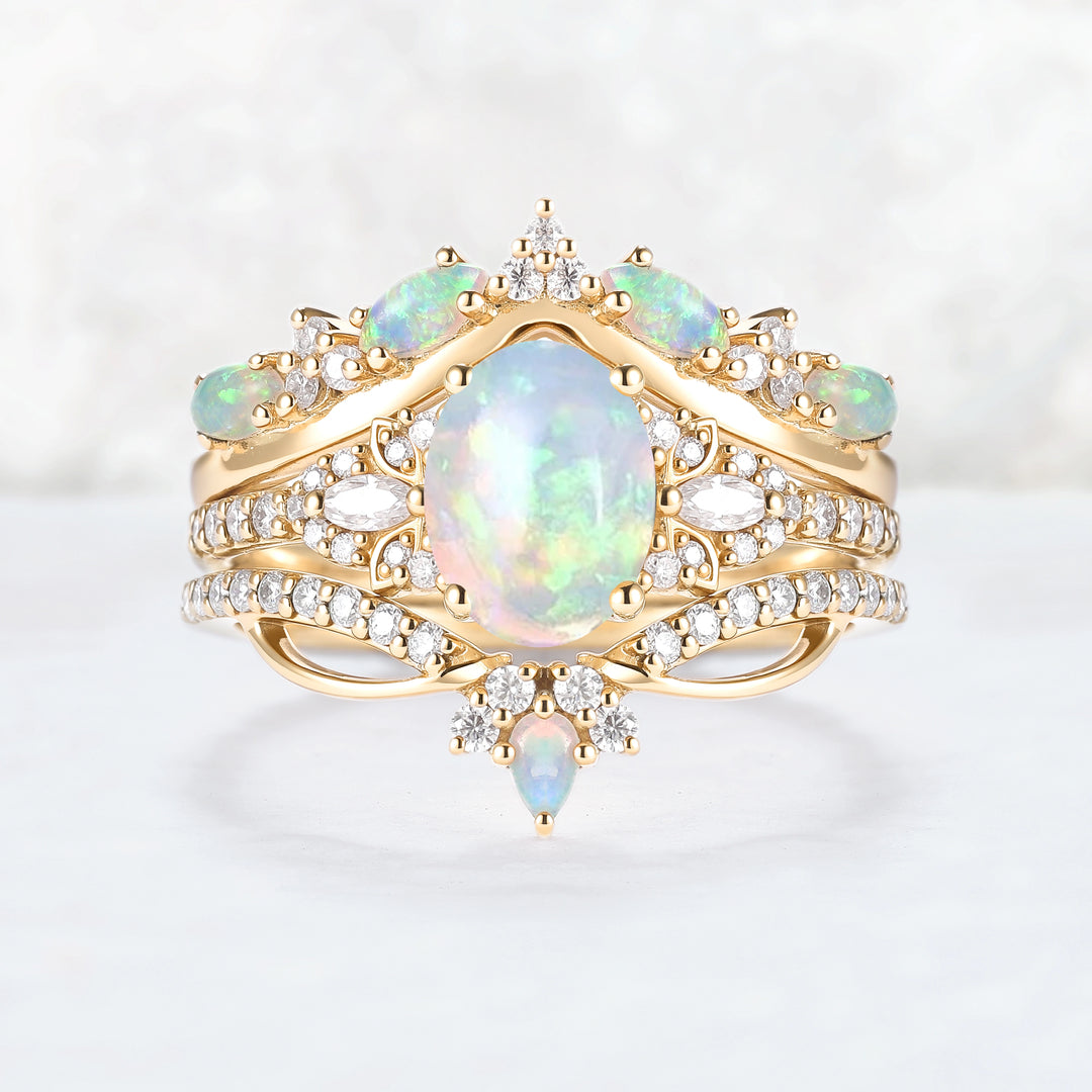Nature Oval Shaped Natural Opal Vine Gemstone Ring Set 3pcs